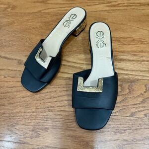 EXE Size 40 Black Leather Gold Accent Block Heels Slip On Mules Sandals‎